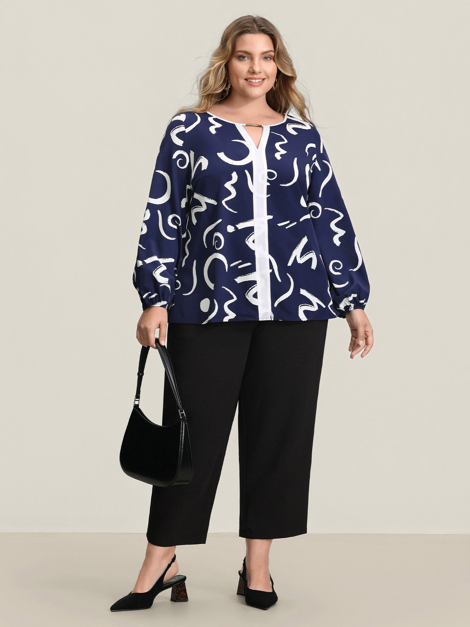 Scribble Print Color Contrast Cut-Out Blouse