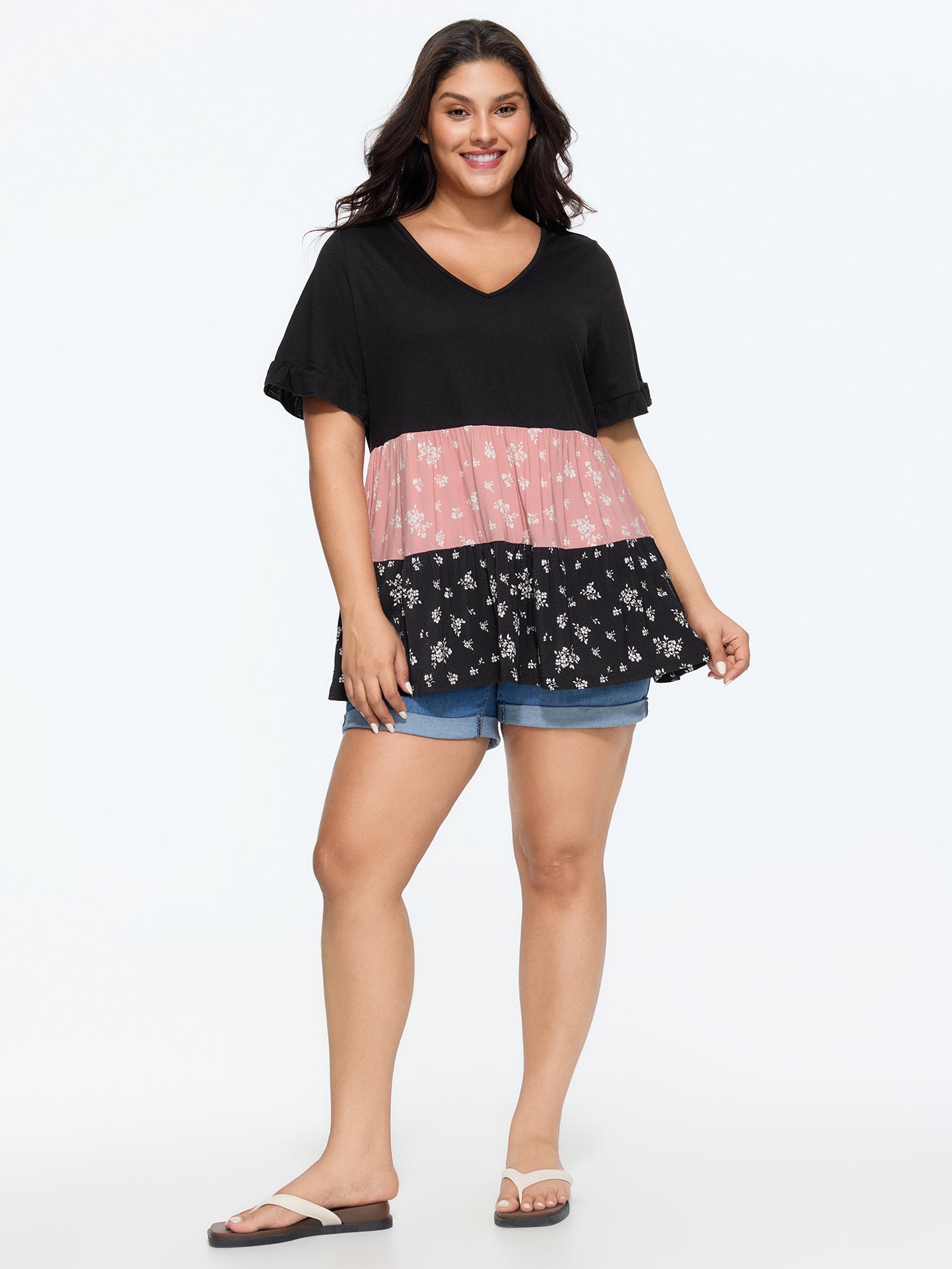 Color Contrast Floral Print Tiered Top