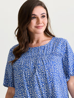 Floral Ruffle Sleeve Gathered Round Neck Blouse