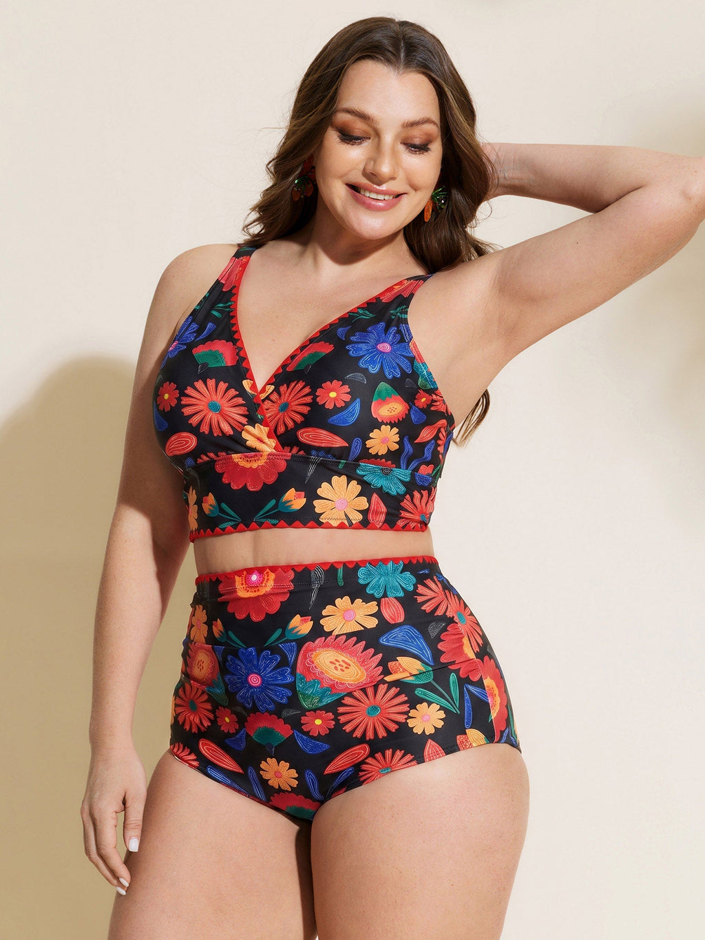 Playful Floral Print Embroidered Trim Bikini Top