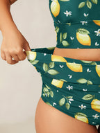 Lemon Print Pleated Tummy-Control Bikini Bottoms