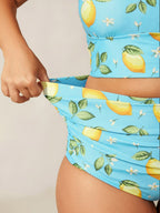 Lemon Print Pleated Tummy-Control Bikini Bottoms