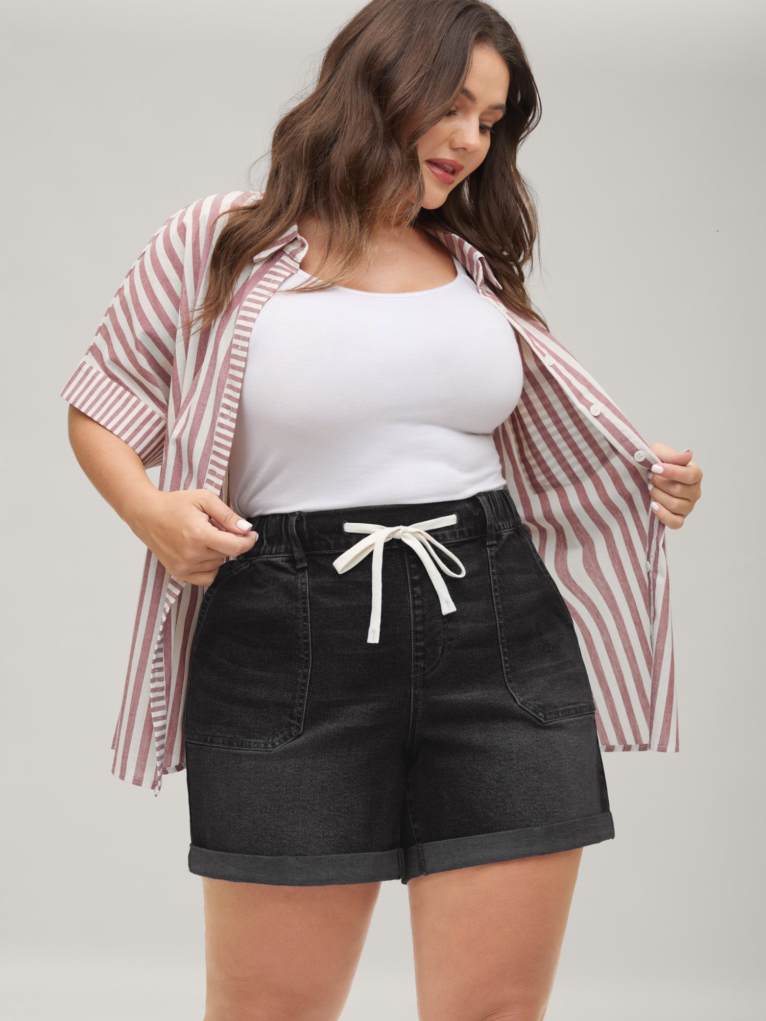 Pull-On Folded Hem High-Rise Denim Shorts