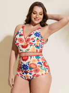 Playful Floral Print Embroidered Trim Bikini Top