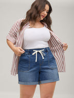 Pull-On Folded Hem High-Rise Denim Shorts