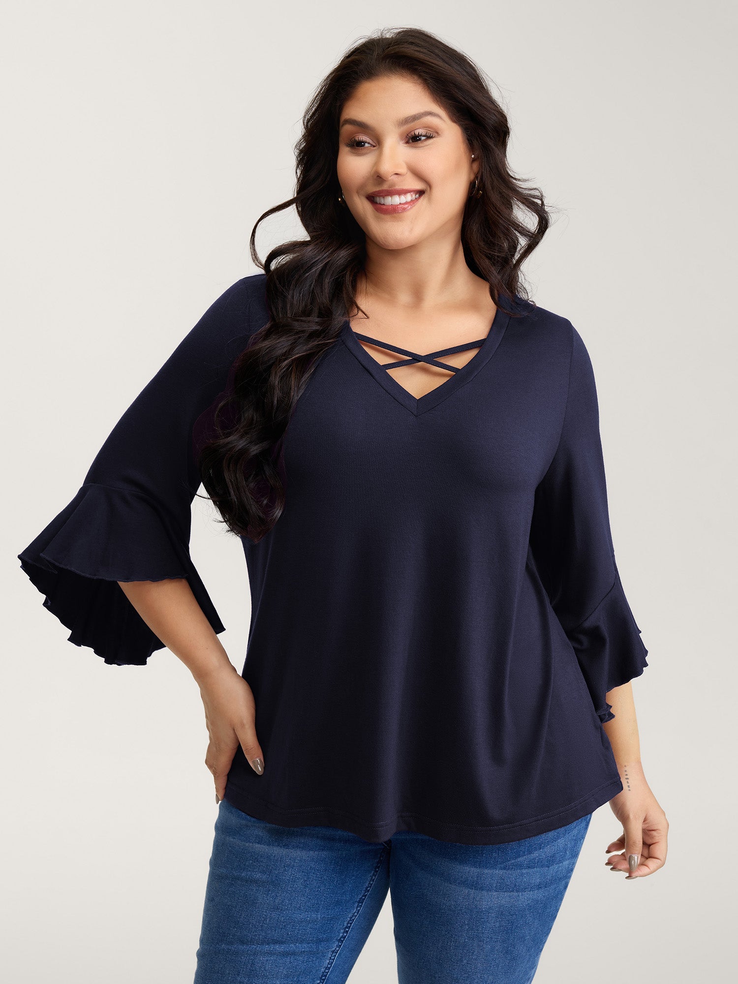Supersoft Drawstring Neckline Ruffled Sleeve Knit Top