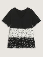 Color Contrast Floral Print Tiered Top