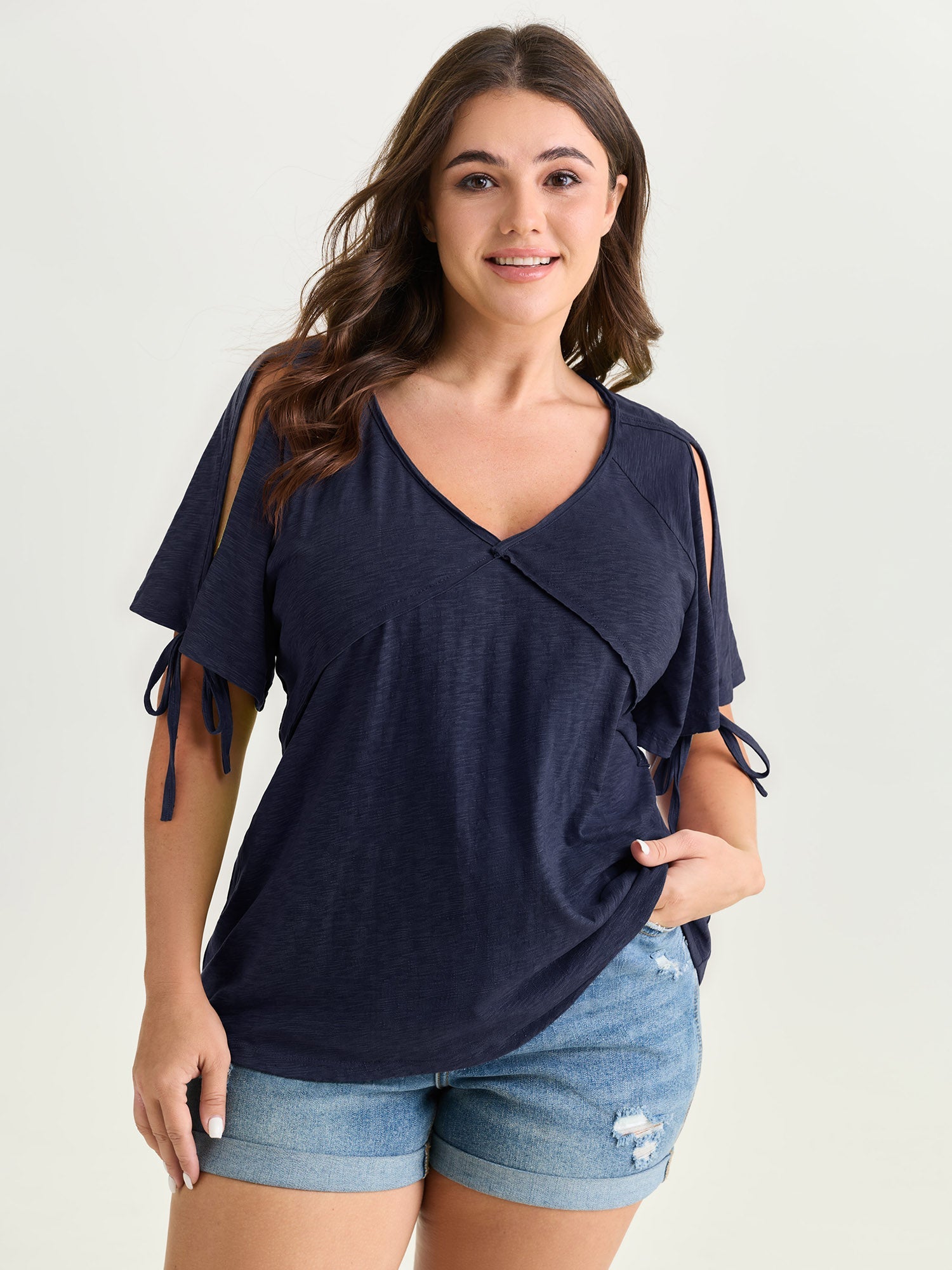 Shoulder Cut-Out Ties V-Neck T-Shirt